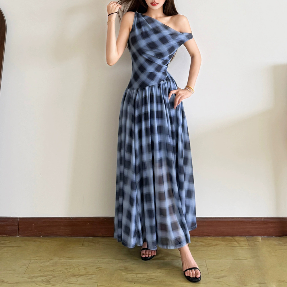 Zara checkered asymmetric off shoulder high waist pleated design dress